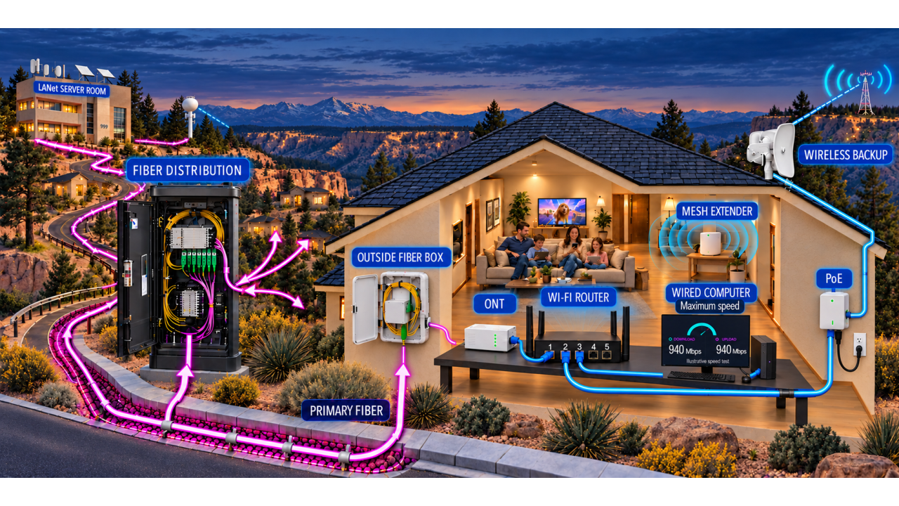 Presentation illustration showing fiber distribution, home equipment and wireless backup.