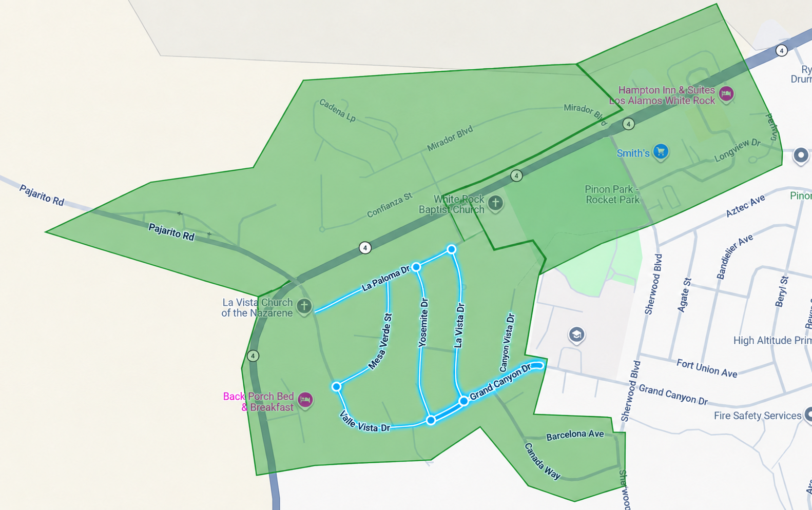 White Rock fiber planning map with a green highlighted area and blue routes around La Paloma Drive, Mesa Verde Street, Yosemite Drive and Grand Canyon Drive.